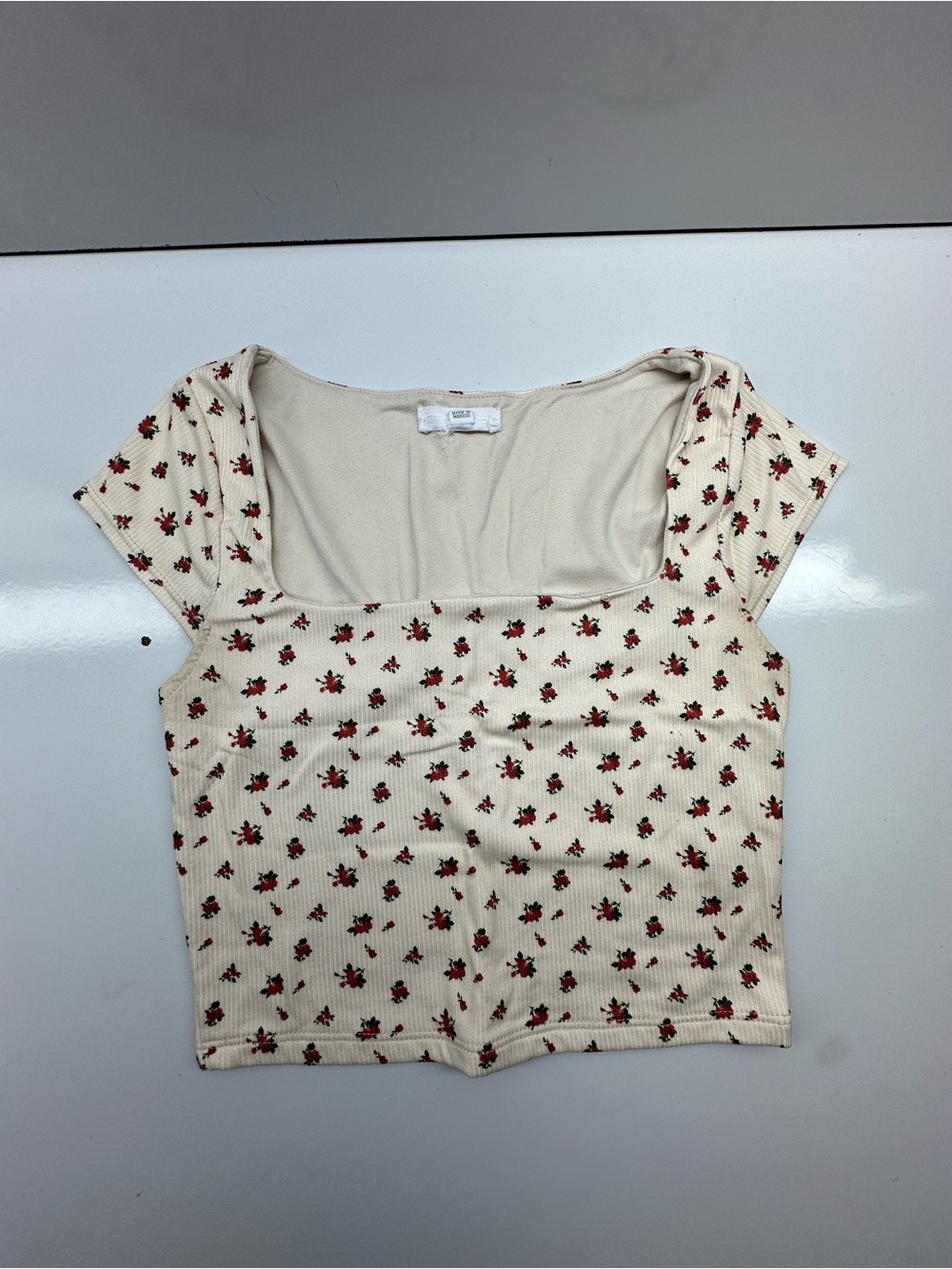 Cream Floral Square-Neck Ribbed Crop Top with Red Print
